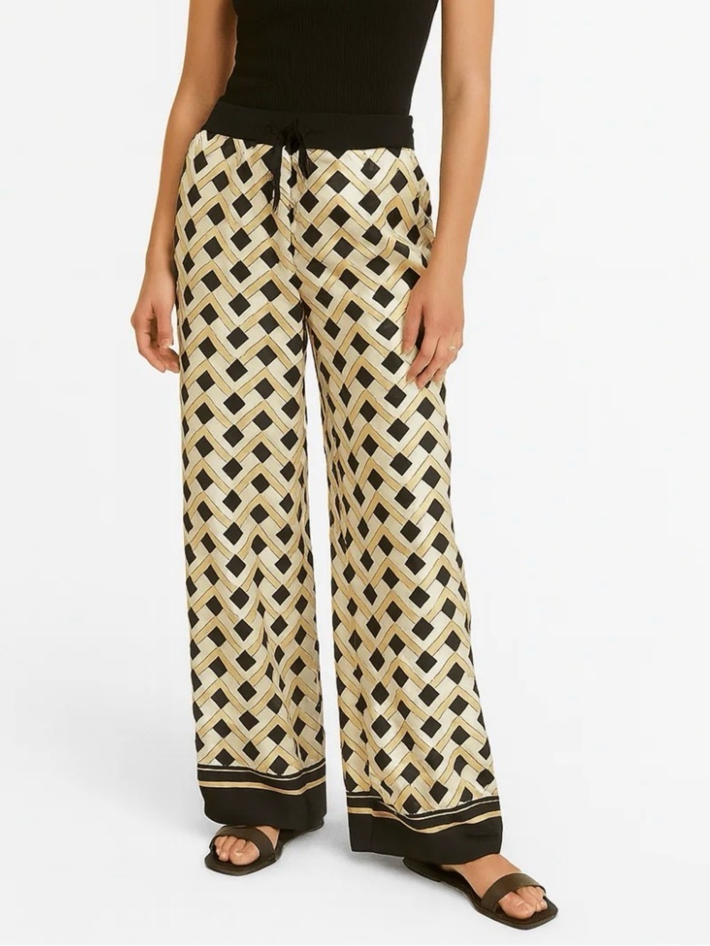 Mango MNG Pants Size Small Satin style Geometric Print Black Yellow NWOT